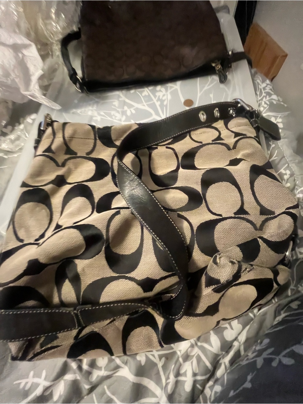 Coach Signature Canvas Shoulder Bag in Black and Tan used